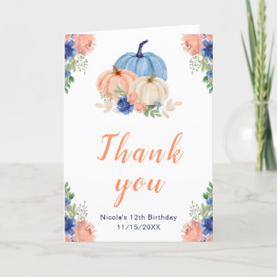 Navy Blue and Blush Floral Pumpkins Birthday Thank You Card