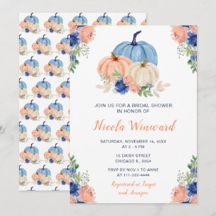 Navy Blue and Blush Floral Pumpkins Bridal Shower Invitation