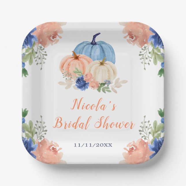 Navy Blue and Blush Floral Pumpkins Bridal Shower Paper Plate (Front)