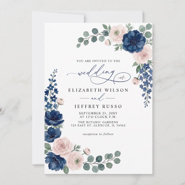 Navy Blue and Blush Floral QR Code Wedding Invitation (Front)