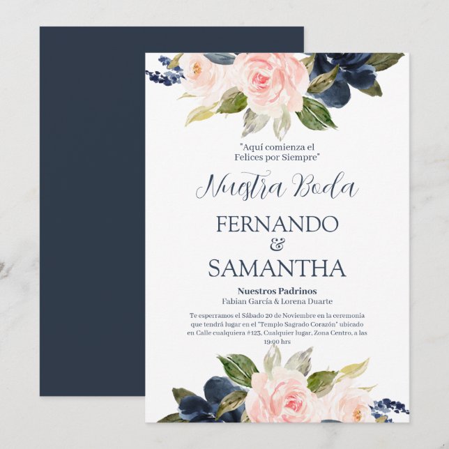 Navy Blue and Blush Floral Spanish Wedding Invitation (Front/Back)