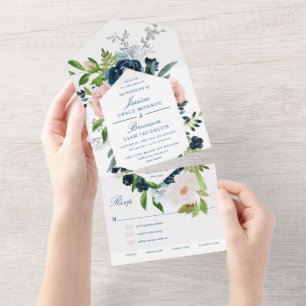Navy Blue and Blush Floral Wedding All In One Invitation