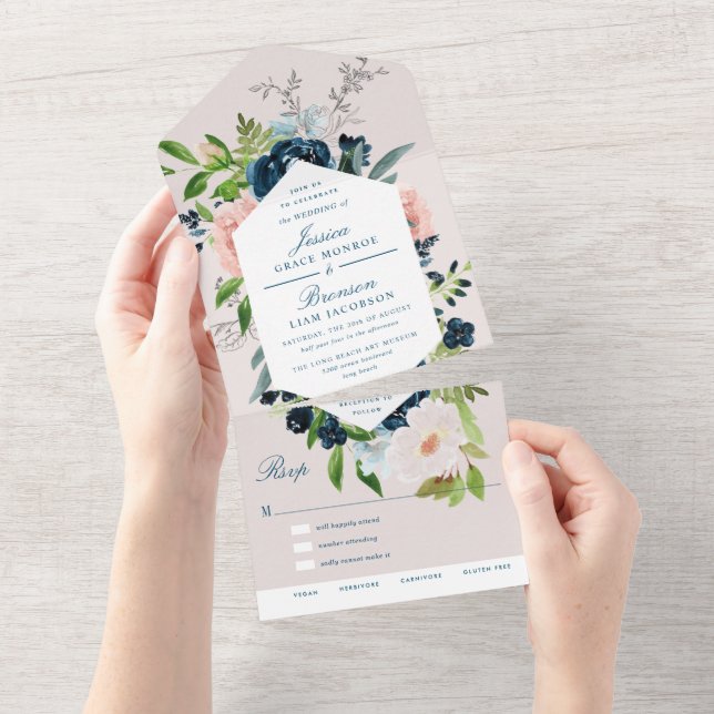 Navy Blue and Blush Floral Wedding All In One Invitation (Tearaway)