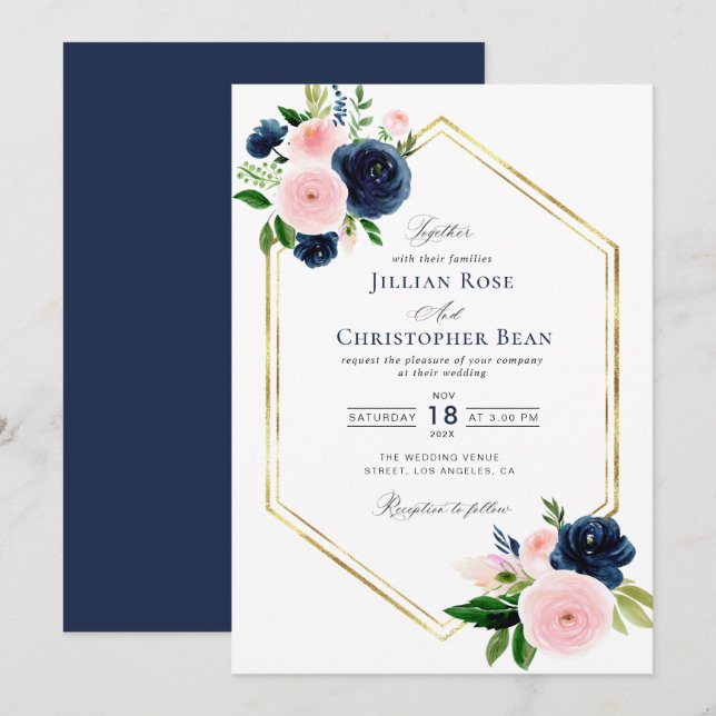 navy blue and blush floral wedding invitation (Front/Back)