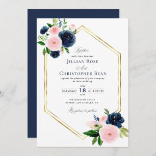 navy blue and blush floral wedding invitation