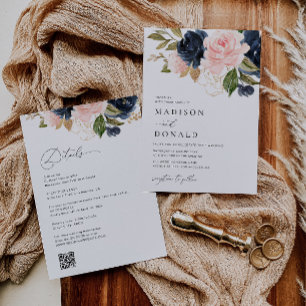 navy blue and blush floral wedding invitation