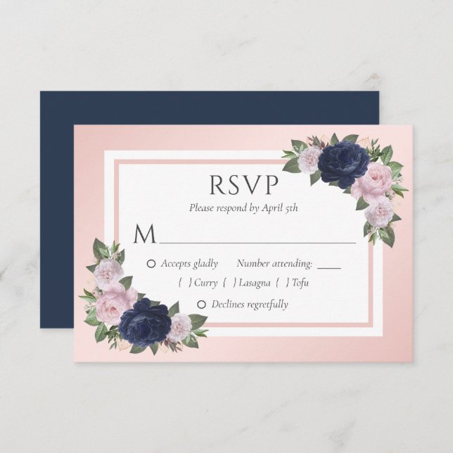 Navy Blue and Blush Floral Wedding RSVP Cards (Front/Back)