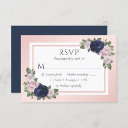 Navy Blue and Blush Floral Wedding RSVP Cards