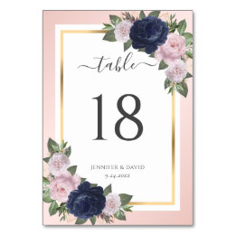 Navy Blue and Blush Floral Wedding Table Number