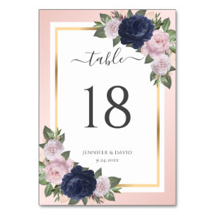 Navy Blue and Blush Floral Wedding Table Number