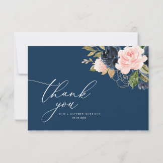 navy blue and blush floral wedding thank you card