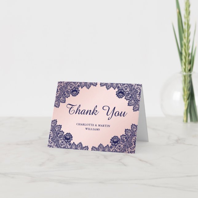 Navy Blue and Blush Floral Wedding Thank You Card (Front)