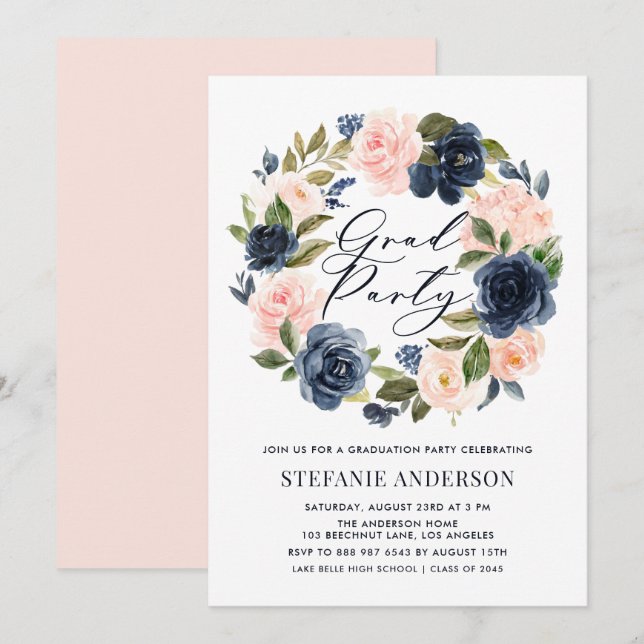 Navy Blue and Blush Floral Wreath Graduation Invitation (Front/Back)