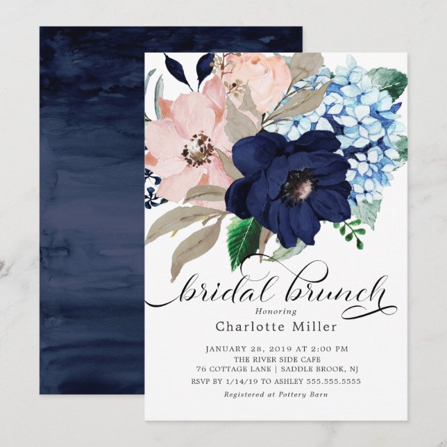 Navy Blue and Blush Flowers Bridal Brunch Invitation (Front/Back)