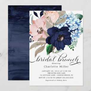 Navy Blue and Blush Flowers Bridal Brunch Invitation