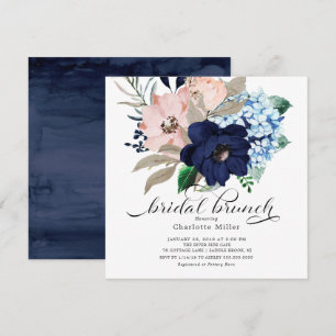 Navy Blue and Blush Flowers Bridal Brunch Invitation