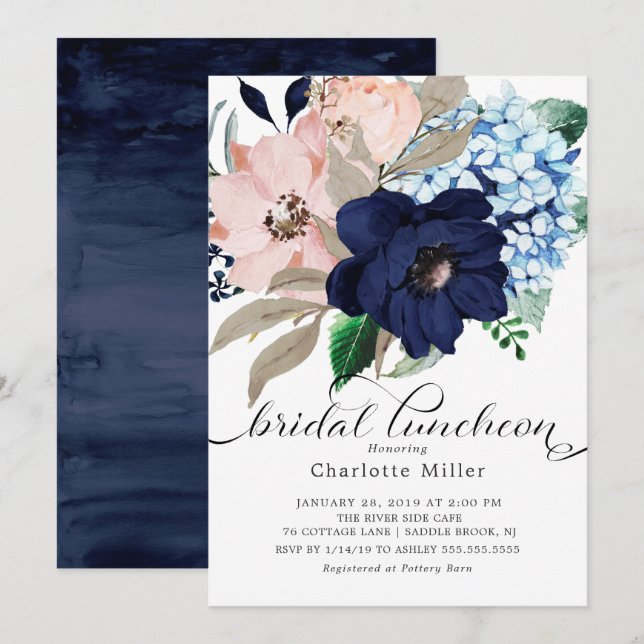 Navy Blue and Blush Flowers Bridal Luncheon Invitation (Front/Back)