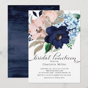 Navy Blue and Blush Flowers Bridal Luncheon Invitation