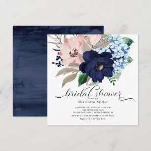 Navy Blue and Blush Flowers Bridal Shower Invitation