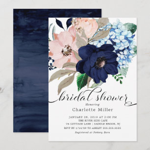Navy Blue and Blush Flowers Bridal Shower Invitation