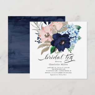 Navy Blue and Blush Flowers Bridal Shower Tea Invitation