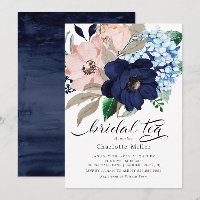 Navy Blue and Blush Flowers Bridal Shower Tea Invitation (Front/Back)