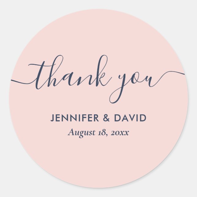 Navy Blue and Blush Modern Script Thank You Classic Round Sticker (Front)