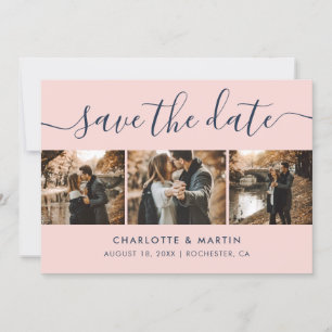 Navy Blue and Blush Modern Script Wedding Photo Save The Date