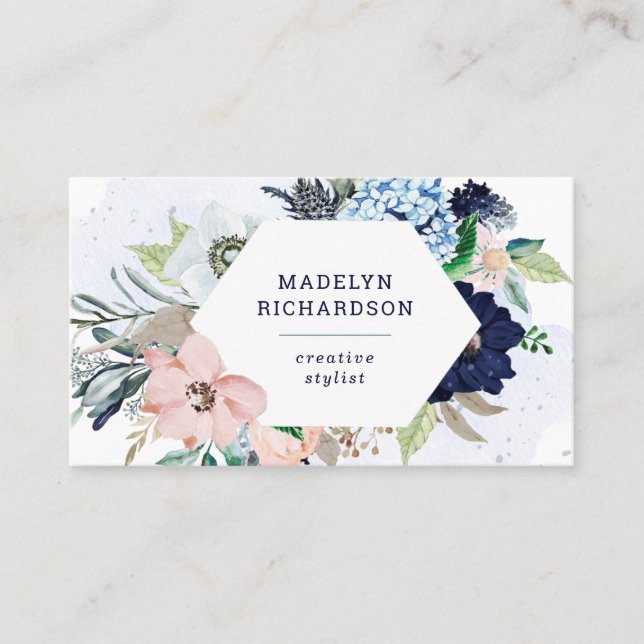 Navy Blue and Blush Nautical Flowers on White Business Card (Front)