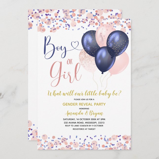 Navy Blue and Blush Pink Balloon Gender Reveal Invitation (Front/Back)