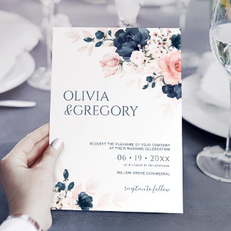 Navy Blue and Blush Pink Bouquet Wedding Invitation