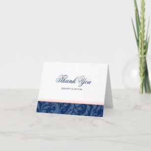 Navy Blue and Blush Pink Damask Swirl Thank You Card
