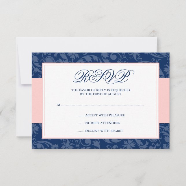 Navy Blue and Blush Pink Damask Swirl Wedding RSVP (Front)