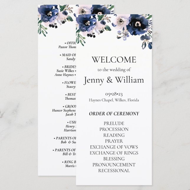 Navy Blue and Blush Pink Elegant Floral Wedding (Front/Back)
