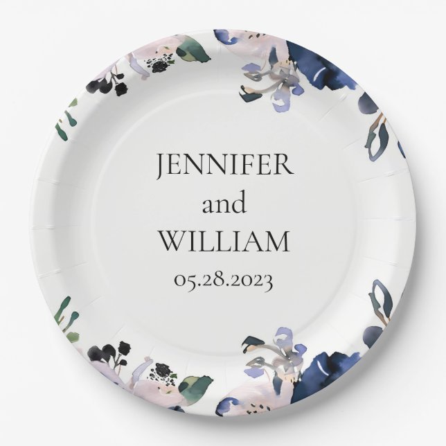 Navy Blue and Blush Pink Elegant Floral Wedding Paper Plate (Front)