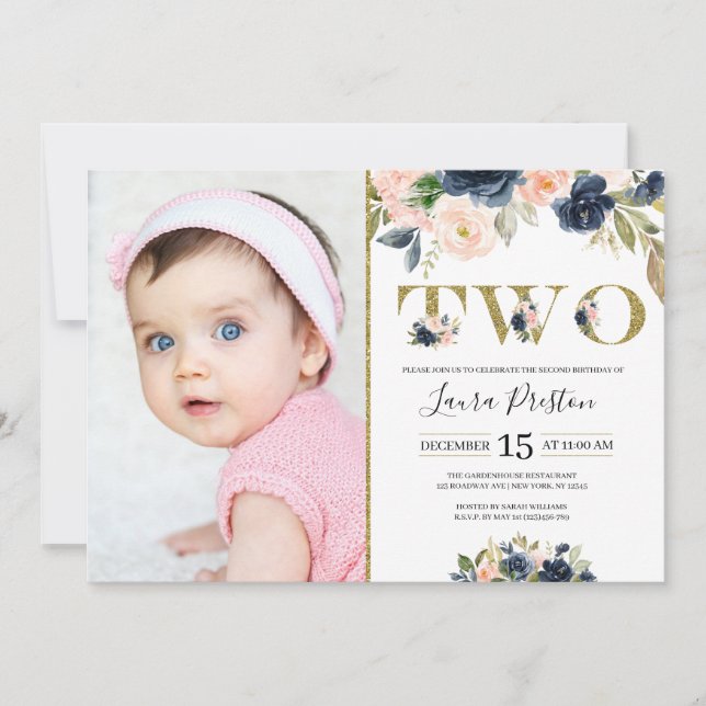 Navy Blue and Blush Pink Floral 2nd Birthday Photo Invitation (Front)