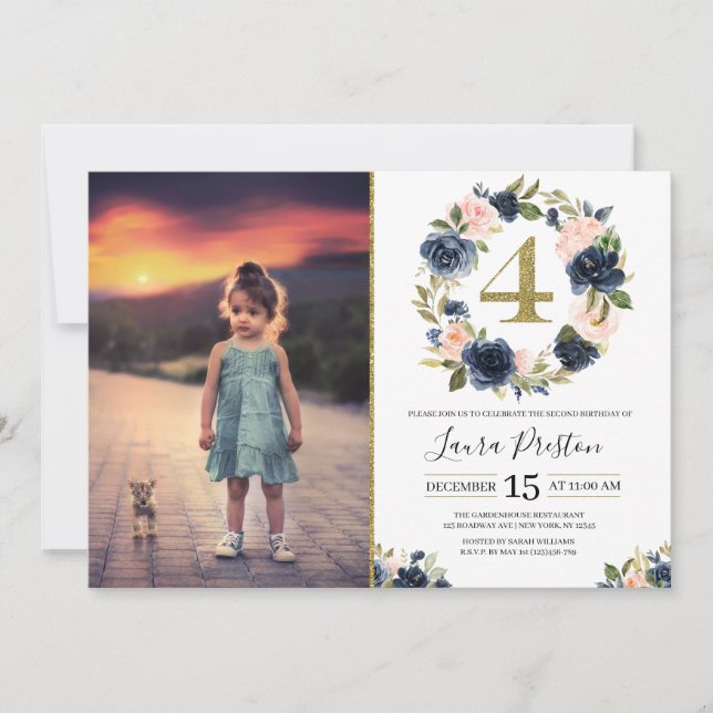Navy Blue and Blush Pink Floral 4th Birthday Photo Invitation (Front)