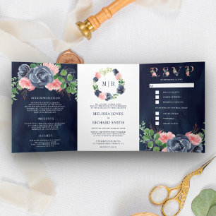 Navy Blue and Blush Pink Floral All in One Wedding Tri-Fold Invitation