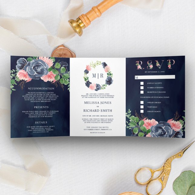 Navy Blue and Blush Pink Floral All in One Wedding Tri-Fold Invitation (Creator Uploaded)