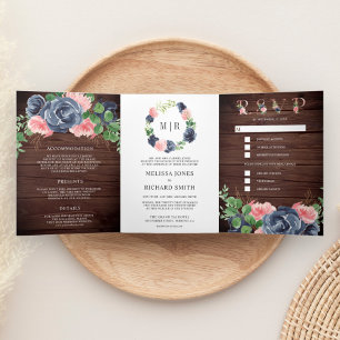 Navy Blue and Blush Pink Floral Barn Wood Wedding Tri-Fold Invitation