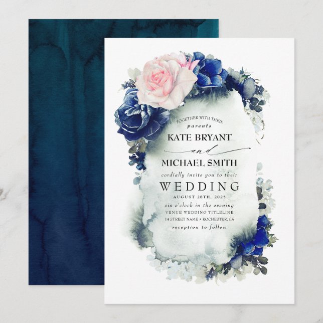 Navy Blue and Blush Pink Floral Boho Wedding Invitation (Front/Back)