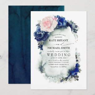 Navy Blue and Blush Pink Floral Boho Wedding Invitation