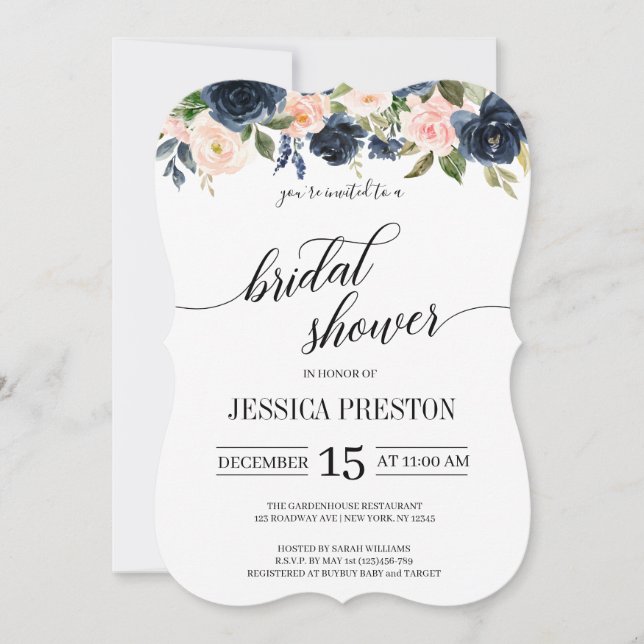 Navy Blue and Blush Pink Floral Bridal Shower Invitation (Front)