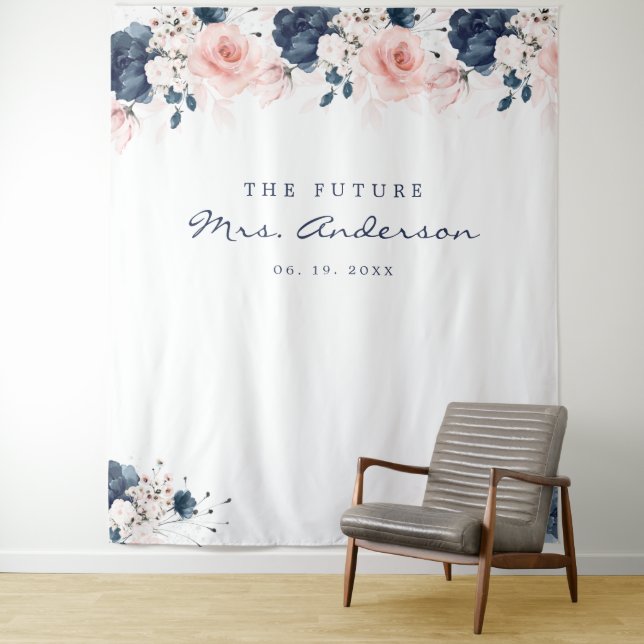 Navy Blue and Blush Pink Floral Bridal Shower Tapestry (In Situ)