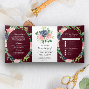 Navy Blue and Blush Pink Floral Burgundy Wedding Tri-Fold Invitation