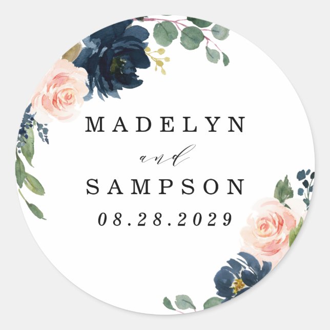 Navy Blue and Blush Pink Floral Country Wedding Classic Round Sticker (Front)