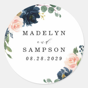 Navy Blue and Blush Pink Floral Country Wedding Classic Round Sticker