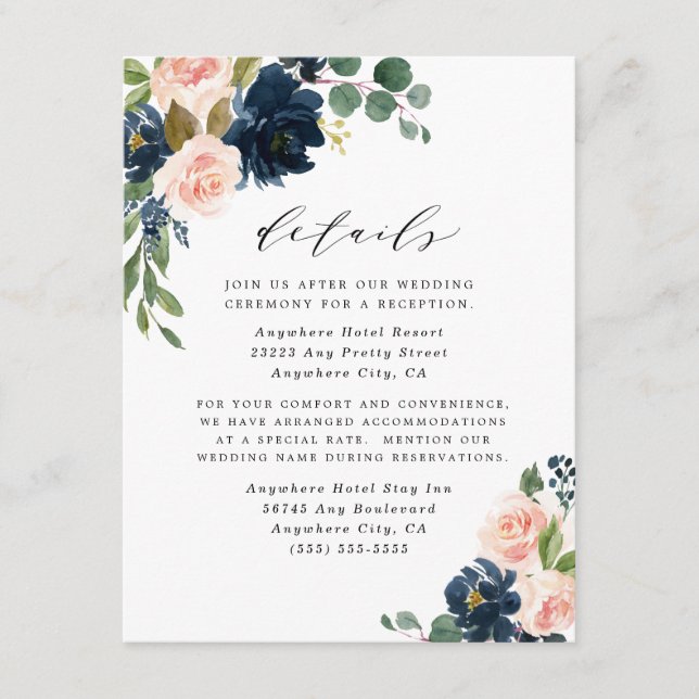 Navy Blue and Blush Pink Floral Country Wedding Enclosure Card (Front)