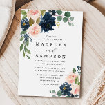 Navy Blue and Blush Pink Floral Country Wedding Invitation<br><div class="desc">Design features beautiful watercolor peony,  rose,  eucalyptus,  greenery,  foliage/leaf elements in shades of green,  gold,  blush pink/pink peach,   and navy blue.  This template also features a modern typography layout.  View the collection on this page to find matching items in this design.</div>
