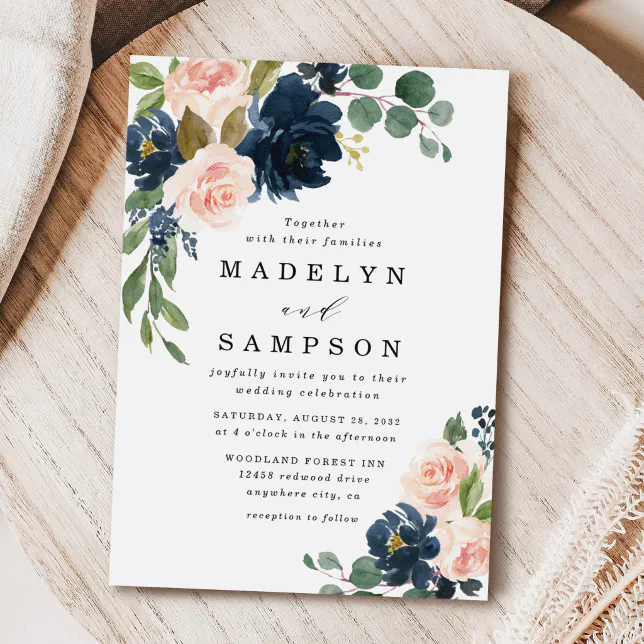 Navy Blue And Blush Pink Floral Country Wedding Invitation Zazzle